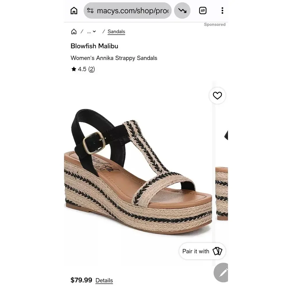 Blowfish Malibu Annika Strappy Wedge Sandals. Size 9  Ret. $80